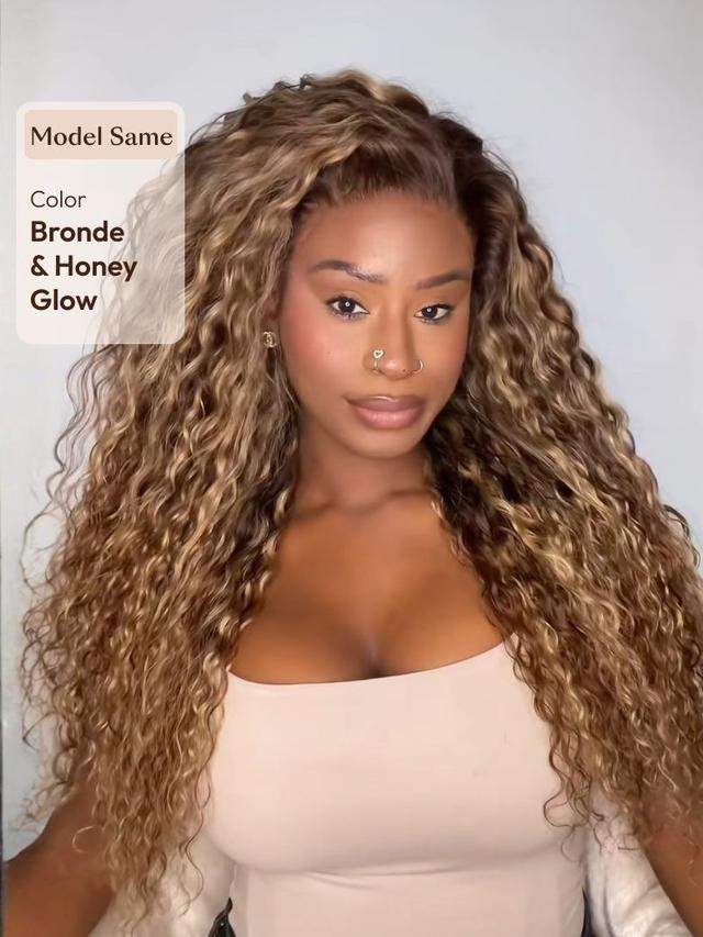 UNice 13x4 & 7x5 Bye Bye Slip™ Lace Frontal Caramel Brown With Honey Blonde Highlights Water Wave Glueless Drawstring Wig