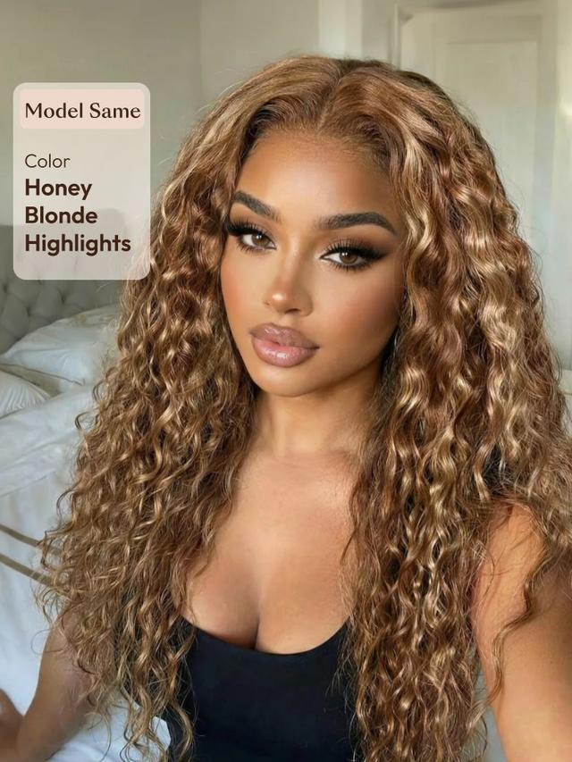 UNice 13x4 & 7x5 Bye Bye Slip™ Lace Frontal Caramel Brown With Honey Blonde Highlights Water Wave Glueless Drawstring Wig