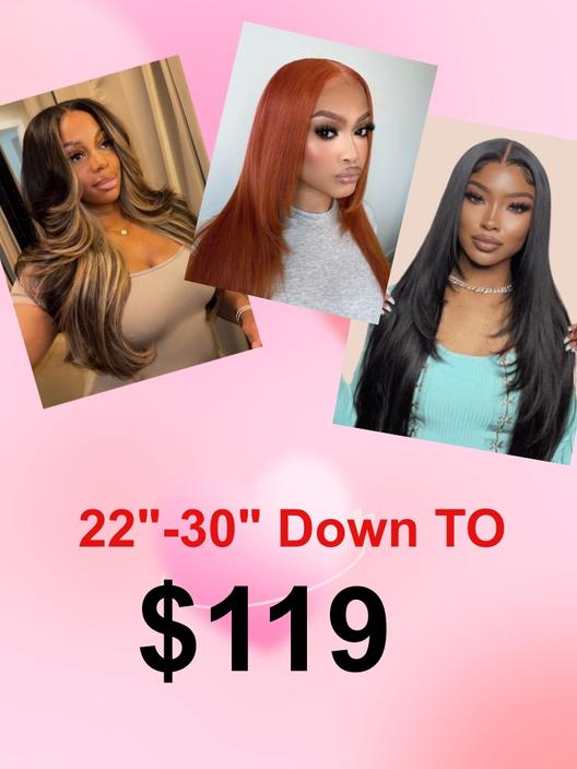 A model displays the UNice 22"-30" 13x4/4x4 Ombre Chestnut Brown Yaki Straight& Burnt Orange/Black wig, showing two different wigs with the words 2 0 down to $ 19.