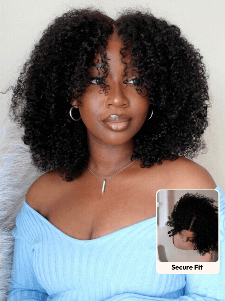 UNice 7x5 Lace Bye Bye Slip™ Natural Black Afro Kinky Curly with Finger Coil Ends Drawstring Wig 180% Density