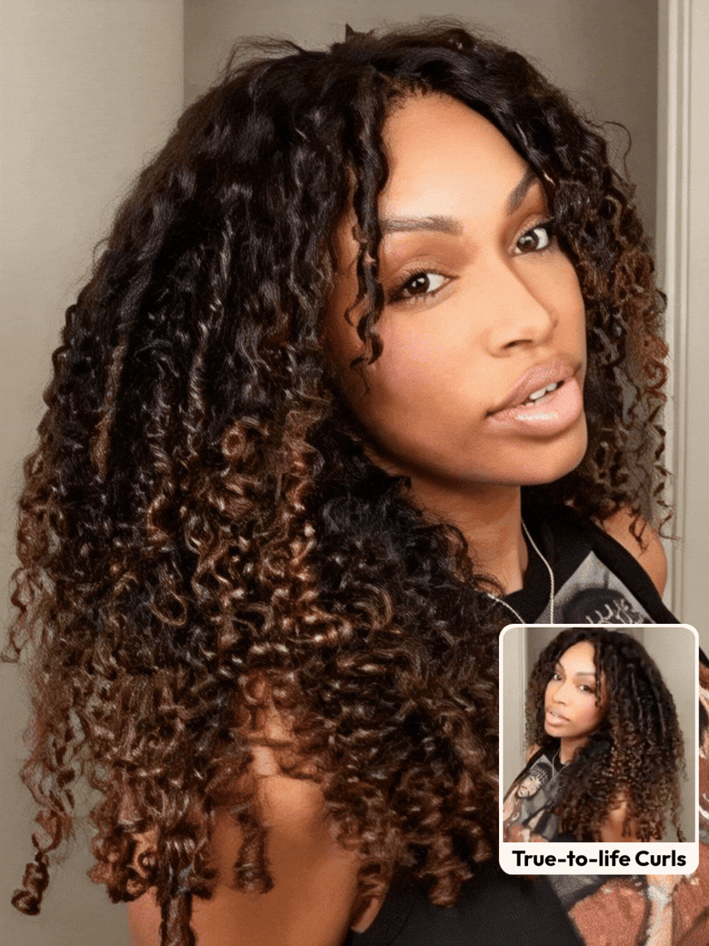 UNice Glueless 7x5 Burmese Curly Wig with Finger Coily Ends 100% Human Hair Black to Chestnut Brown Ombre Bye-Bye Knots™ 7x5 Lace Drawstring Wig