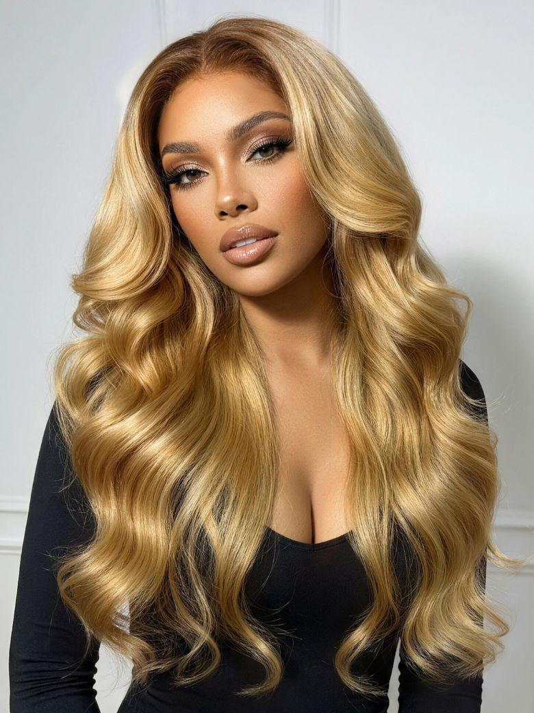UNice 7x5 Bye-Bye Slip™ Lace Honey Blonde With Brown Roots Body Wavy Wigs with Face-Framing Layers