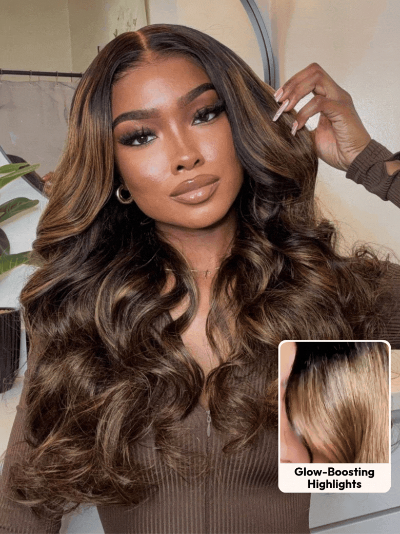 7x5 Bye Bye Slip™ Balayage Highlight Body Wave & Curtain Bangs Wig – Glueless Lace Pull & Go with Invisi Drawstring