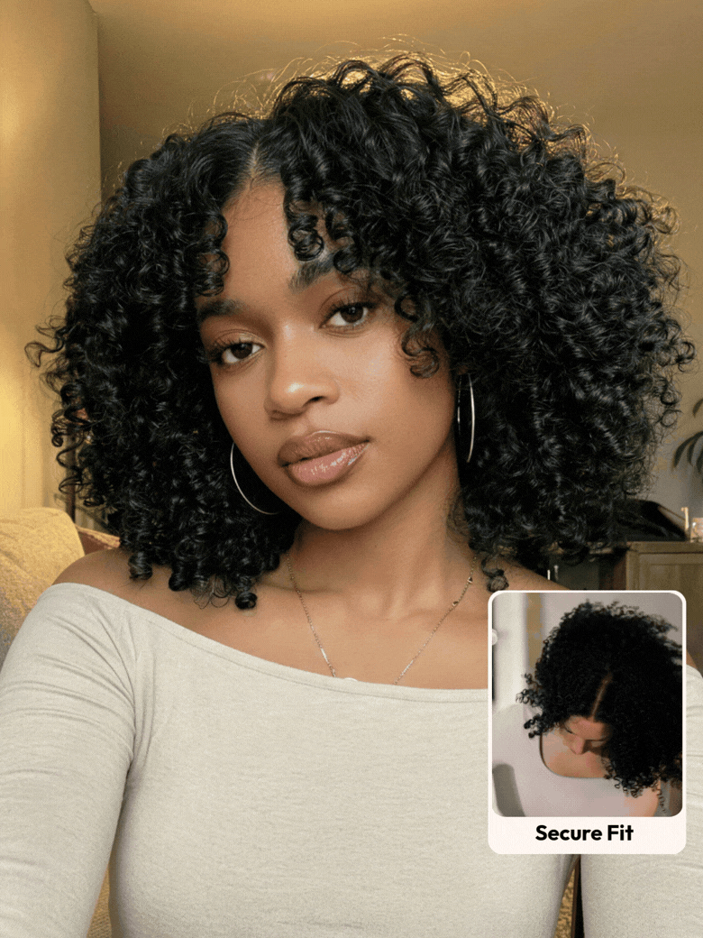 UNice 7x5 Lace Bye Bye Slip™ Natural Black Afro Kinky Curly with Finger Coil Ends Drawstring Wig 180% Density