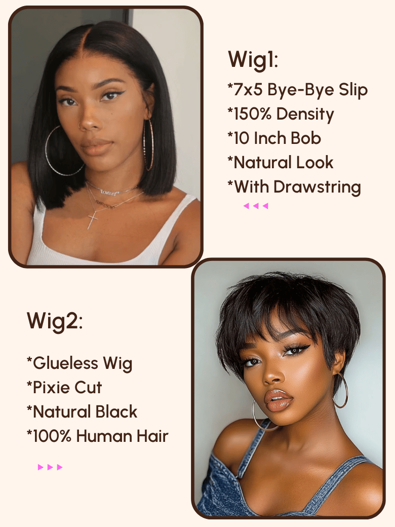$99=2 Wigs | 16" Lace Part Kinky Curly Wig and 10" Bob Wig with Bang