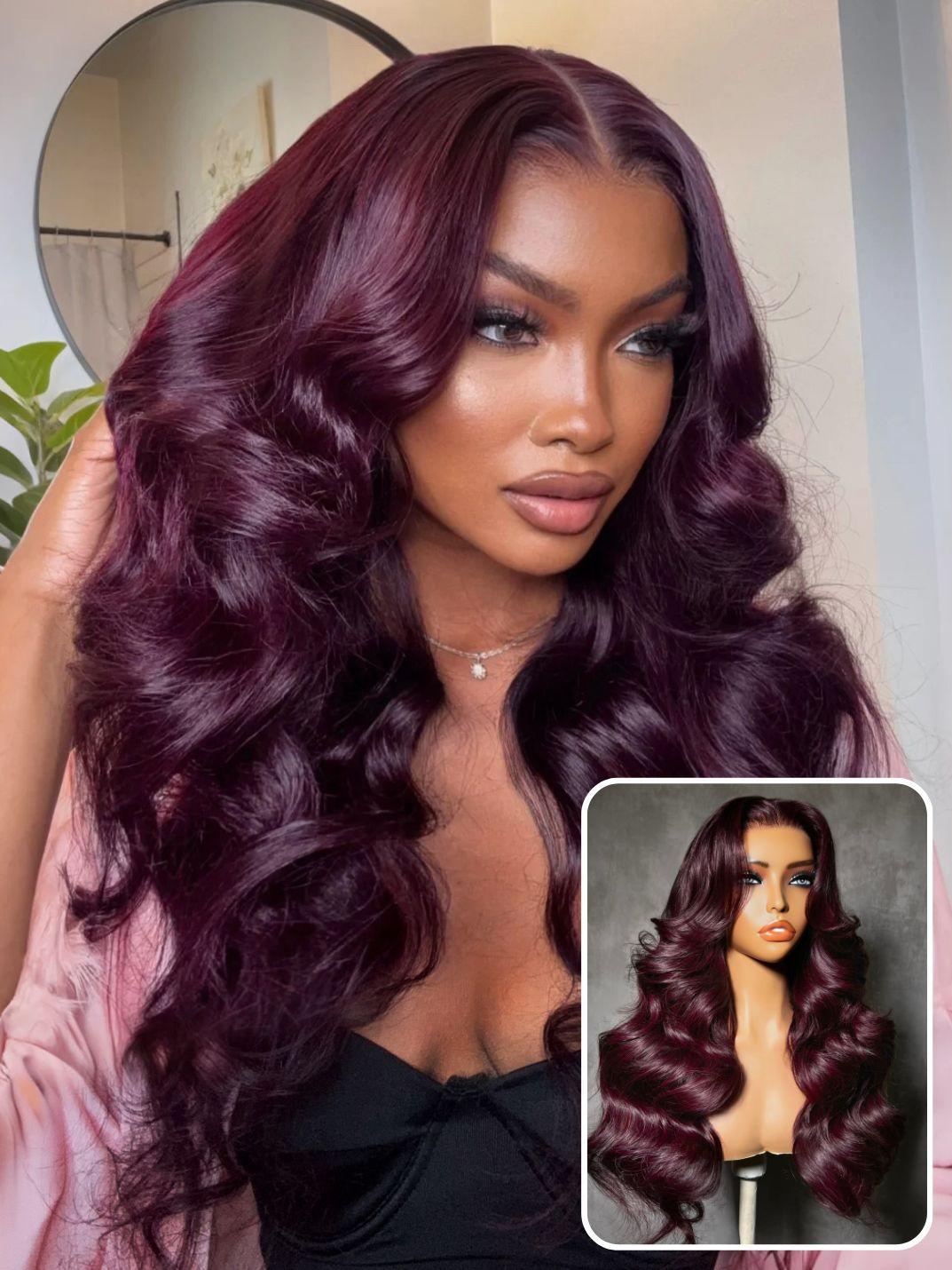 7x5 & 13x4 Bye-Bye Slip™ Glueless Lace Purple Black Cherry Loose Wave & Layered Straight Wig-Pull & Go With Invisi Drawstring