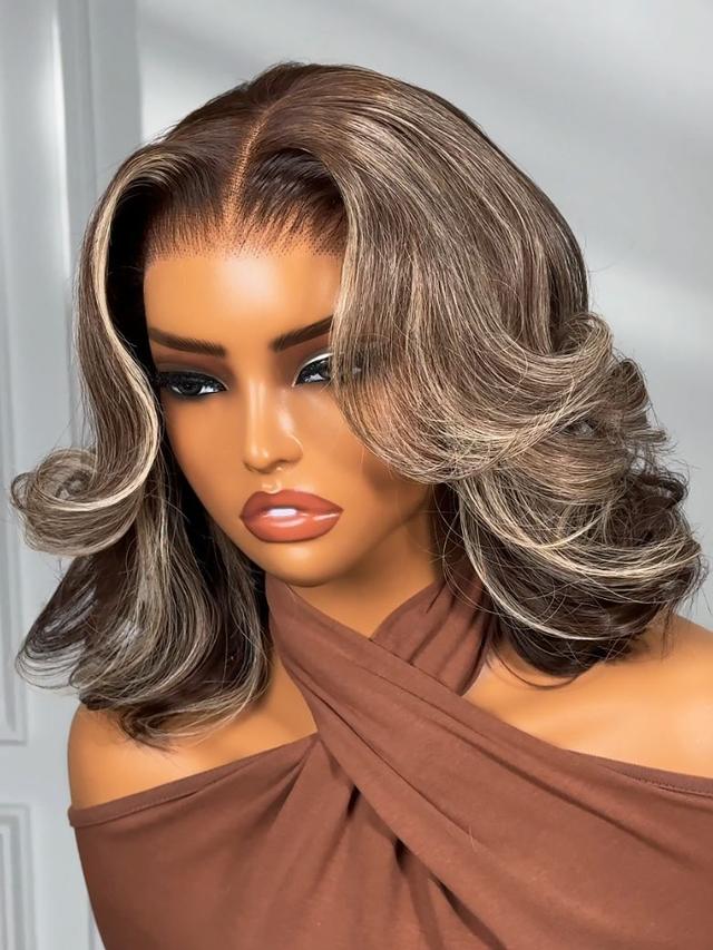 13x4 Bye Bye Slip™ Pre-Cut Lace Frontal Dark Brown with Face Framing Highlights Layered Cut Bob Drawstring Wig