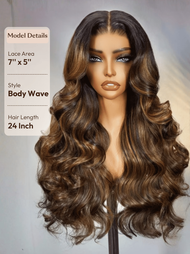 UNice 7x5 Bye Bye Knots™ Wig  Glueless Lace Balayage Highlight Body Wave Drawstring & Curtain Bangs Wig