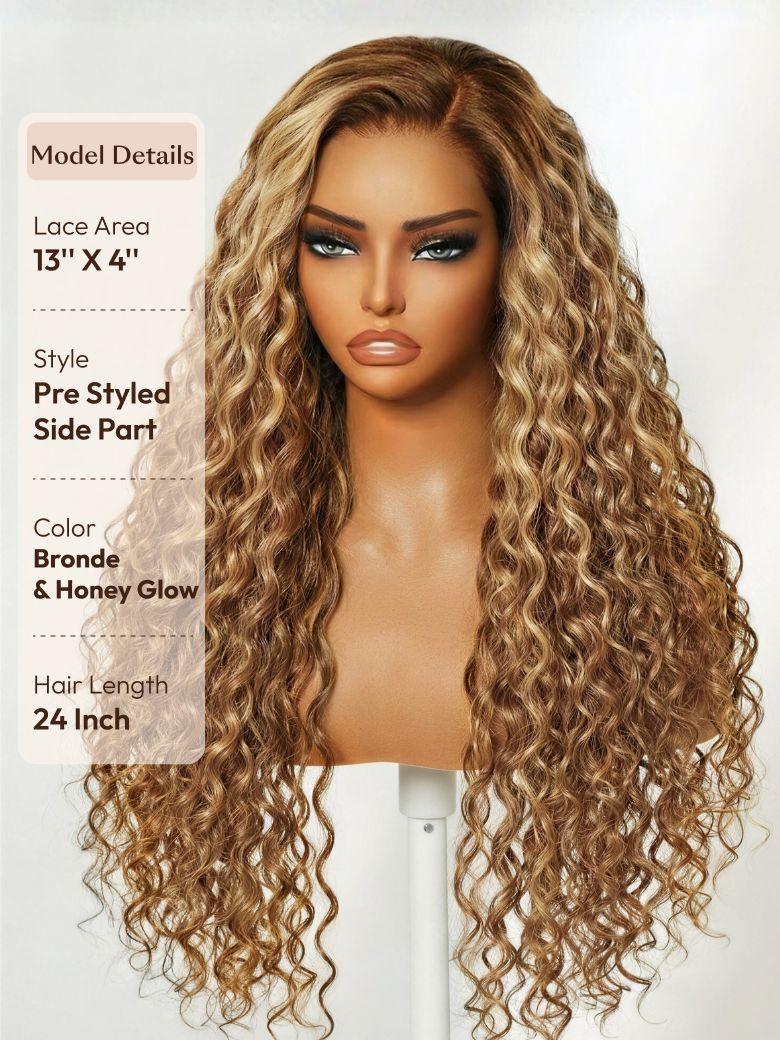 UNice 13x4 & 7x5 Bye Bye Slip™ Lace Frontal Caramel Brown With Honey Blonde Highlights Water Wave Glueless Drawstring Wig