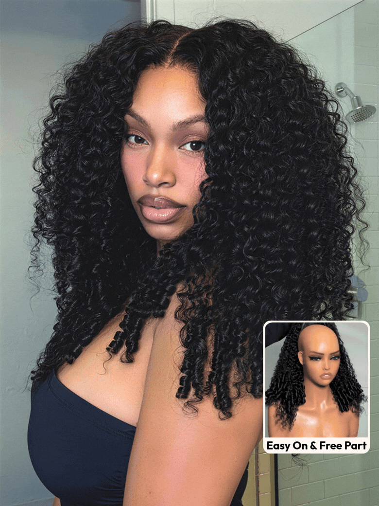UNice 7x5 Bye-Bye Slip & 13x4 Pre-Everything Curly Texture Premium Hair Drawstring Wig With Finger Coil Ends