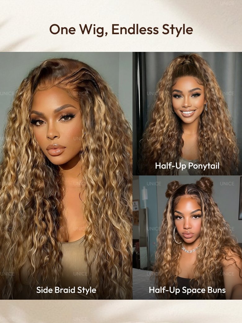 UNice 13x4 Pre-Everything™ Lace Frontal Caramel Brown With Honey Blonde Highlights Water Wave Glueless Drawstring Wig