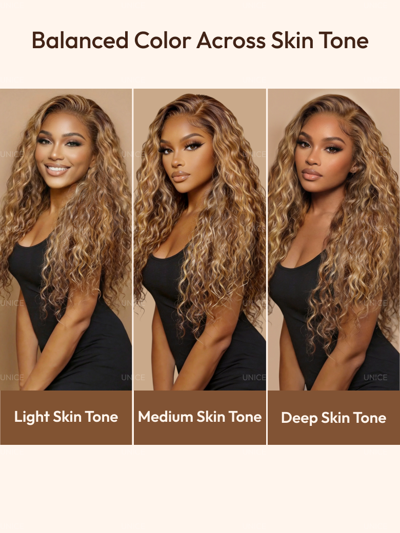 UNice 13x4 & 7x5 Bye Bye Slip™ Lace Frontal Caramel Brown With Honey Blonde Highlights Water Wave Glueless Drawstring Wig