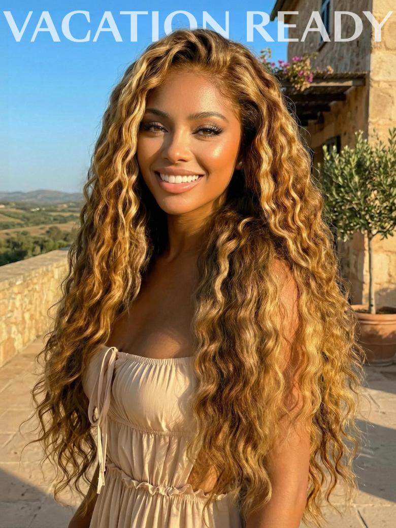 UNice 13x4 Bye Bye Slip™ Lace Frontal Caramel Brown With Honey Blonde Highlights Water Wave Glueless Drawstring Wig