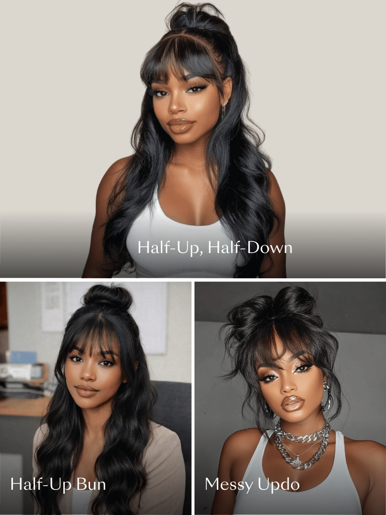 UNice 7x5 Bye-Bye Knots™ & 13x4 Pre-Everything™ & HD Lace Frontal Pull And Go Black Fluffy Natural & Balayage Highlights Loose Wave Wispy Bangs Wig