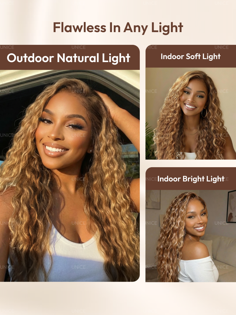 UNice 13x4 Pre-Everything™ Lace Frontal Caramel Brown With Honey Blonde Highlights Water Wave Glueless Drawstring Wig