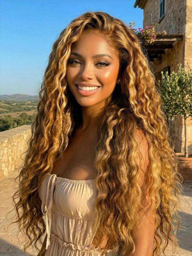 UNice 13x4 Bye Bye Slip™ Lace Frontal Caramel Brown With Honey Blonde Highlights Water Wave Glueless Drawstring Wig