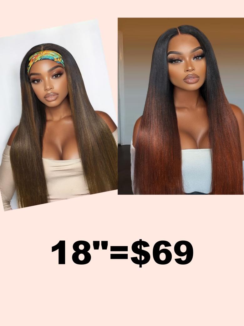 [20"=$99] Eye-Catching Black and Reddish Brown Ombre Color Upgraded V Part & Chestnut Brown Headband Natural Yaki Wig