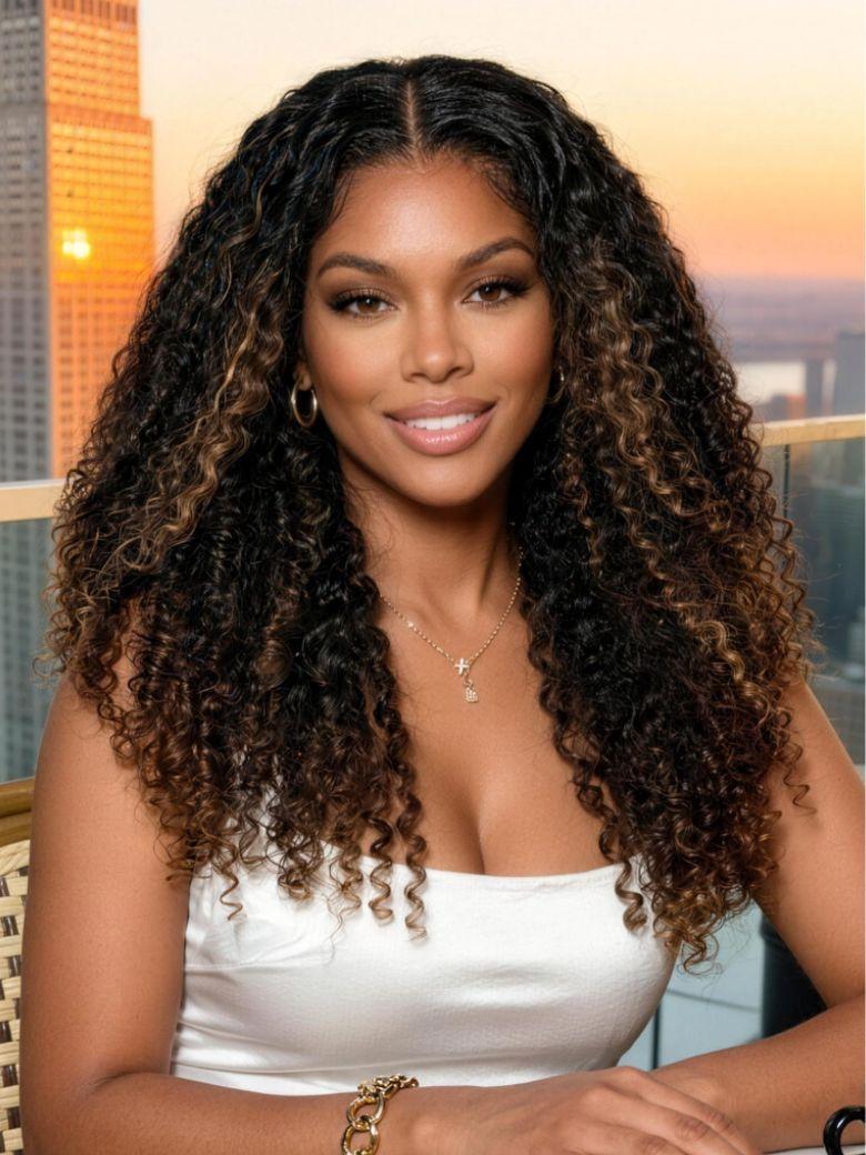 7x5 Bye Bye Slip™Glueless Lace Black to Chestnut Brown Ombre Burmese Curly With Finger Coil Ends Wig-Put On & Go With Invisi Drawstring