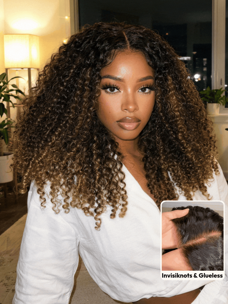 7x5 Bye Bye Slip™Glueless Lace Black to Chestnut Brown Ombre Burmese Curly With Finger Coil Ends Wig-Put On & Go With Invisi Drawstring