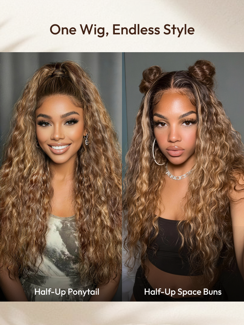 UNice 13x4 Pre-Everything™ Lace Frontal Caramel Brown With Honey Blonde Highlights Water Wave Glueless Drawstring Wig