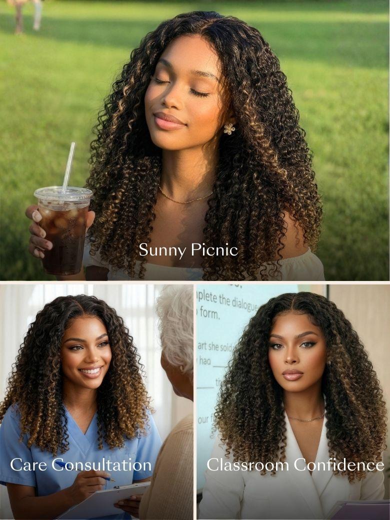 7x5 Bye Bye Slip™Glueless Lace Black to Chestnut Brown Ombre Burmese Curly With Finger Coil Ends Wig-Put On & Go With Invisi Drawstring