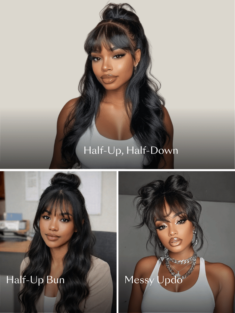 UNice 7x5 Bye-Bye Knots™ & 13x4 Pre-Everything™ & HD Lace Frontal Pull And Go Black Fluffy Natural & Balayage Highlights Loose Wave Wispy Bangs Wig