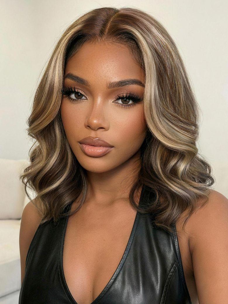 [$69 With Drawstring] UNice 13x4 Pre-Everything™ Pre-Cut Lace Frontal Dark Brown with Face Framing Highlights Layered Cut Bob Wig