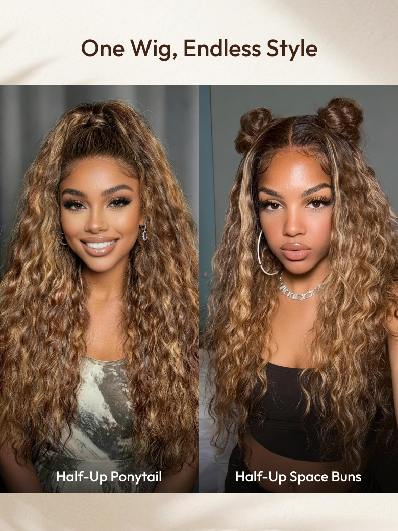 UNice 13x4 Pre-Everything™ Lace Frontal Caramel Brown With Honey Blonde Highlights Water Wave Glueless Drawstring Wig