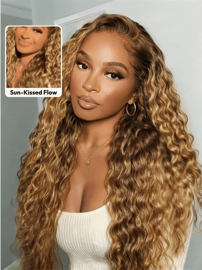 UNice 13x4 Bye Bye Slip™ Lace Frontal Bronde Color With Honey Blonde Highlights Water Wave Glueless Drawstring Wig