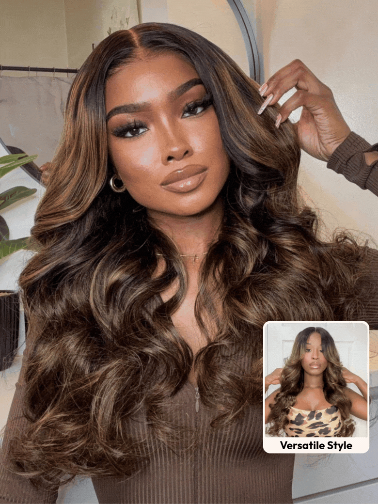 UNice 7x5 Bye Bye Slip™ Wig Glueless Lace Balayage Highlight Body Wave Curtain Bangs Wig with Invisible Drawstring