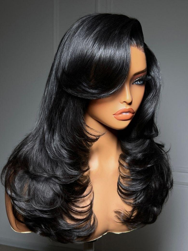 200% Density 7x5 Bye-Bye Slip™ Lace Feathered Blowout Wig with Face-Framing Layers and Deep Side Part Bangs
