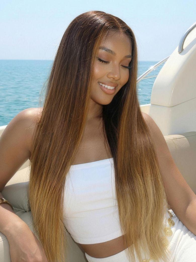 UNice 360 HD Lace Real Scalp™ Brown to Honey Blonde Ombre Silky Straight Wig with Dark Roots Raw Virgin Hair