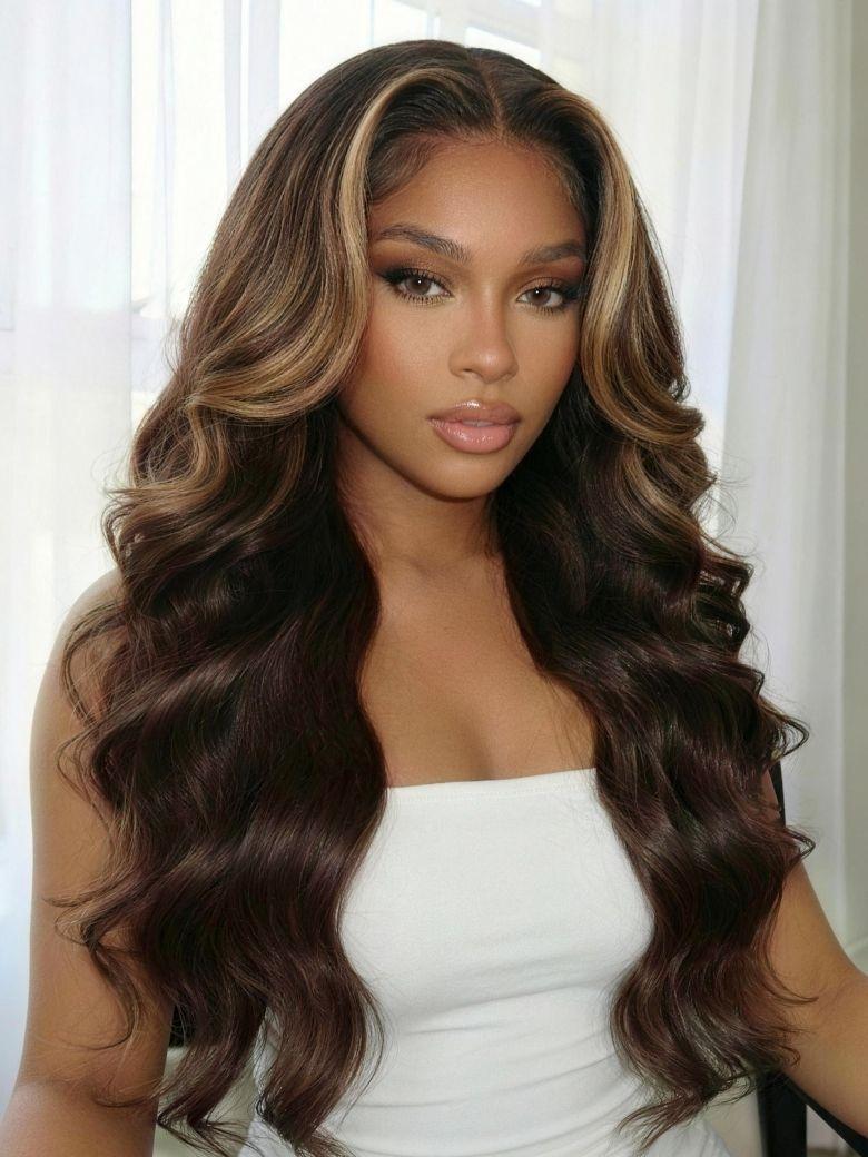 UNice 360 HD Lace Real Scalp™ Chocolate Brown Balayage Body Wave Wig with Money Piece Highlights Raw Virgin Hair