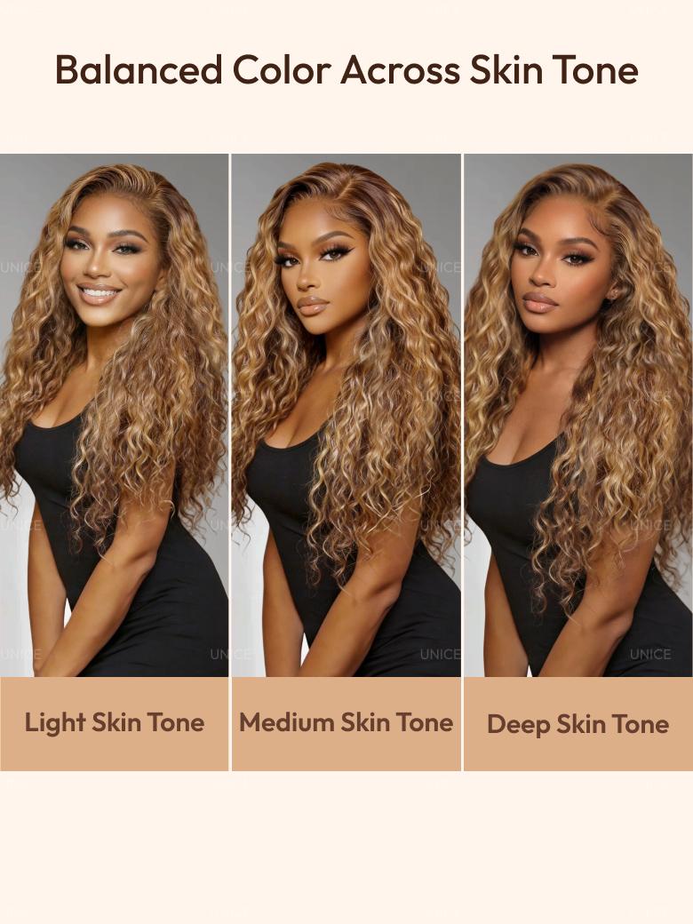 UNice 13x4 & 7x5 Bye Bye Slip™ Lace Frontal Caramel Brown With Honey Blonde Highlights Water Wave Glueless Drawstring Wig