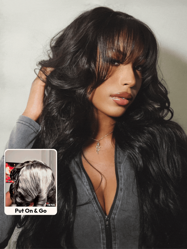 UNice 7x5 Bye-Bye Knots™ & 13x4 Pre-Everything™ Lace Frontal Pull And Go Black Fluffy Natural Loose Wave Curtain Bangs Wig with Free Ear Tape