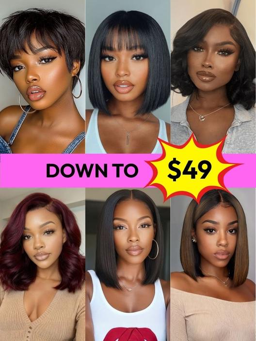 A model displays the UNice Bye Bye Knots wig Flash Sale Exclusive Offer For VIP Limited Stock, showing a col of different types of wigs.