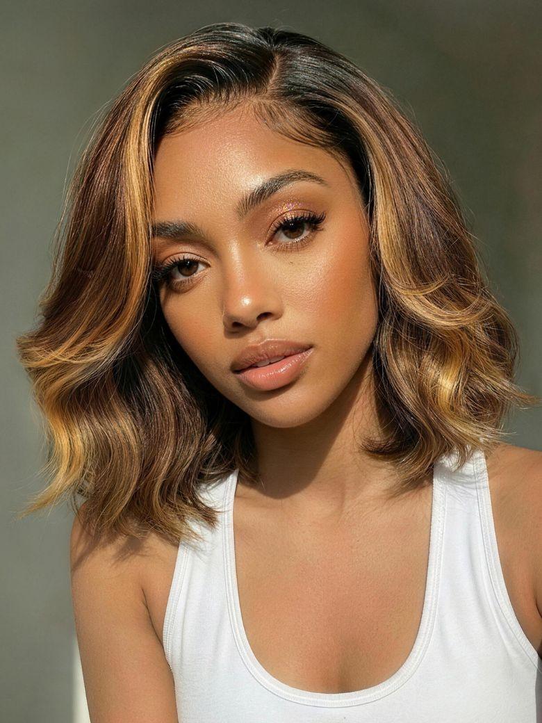 UNice 13x4 Pre-Everything™ Lace Frontal Brown With Honey Blonde Face-Framing Highlights Wavy Bob Drawstring Wig