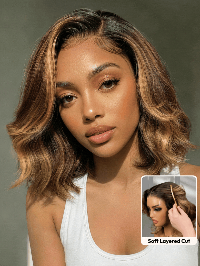 UNice 13x4 Pre-Everything™ Lace Frontal Brown With Honey Blonde Face-Framing Highlights Wavy Bob Drawstring Wig