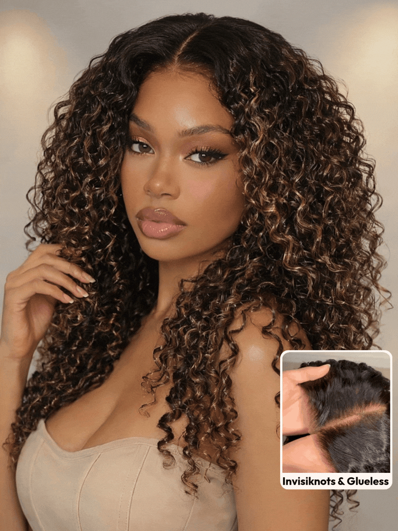 7x5 Bye Bye Slip™ Glueless Lace Black-Chestnut Brown Ombre Burmese Curly Wig Finger Coil Ends – Put & Go Invisi Drawstring【Ends Today: Free Flat Iron】