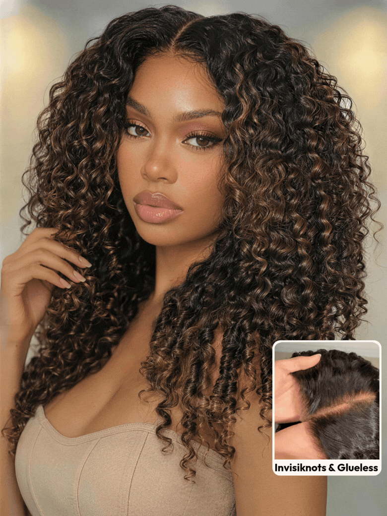 7x5 Bye Bye Slip™ Glueless Lace Black to Chestnut Brown Ombre Burmese Curly With Finger Coil Ends Wig-Put On & Go With Invisi Drawstring