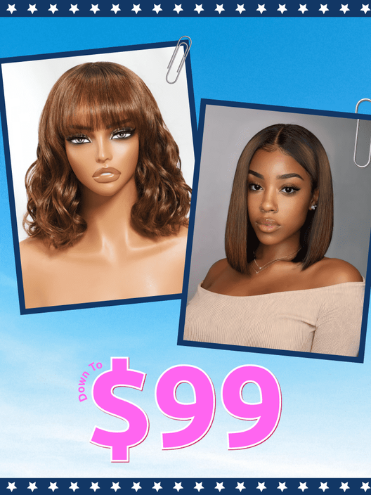 14" Chic 7x5 byebye knots Chestnut Brown Ombre Bob Wig& Black Brown Bob Wig 4x2 Lace with Bangs Effortless Style Wig