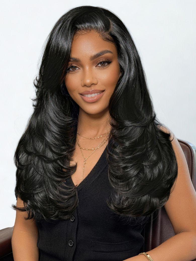 200% Density 7x5 Bye-Bye Slip™ Lace Feathered Blowout Wig with Face-Framing Layers and Deep Side Part Bangs