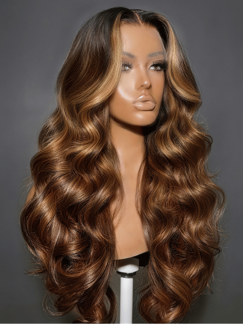 UNice 360 HD Lace Real Scalp™ Caramel Brown With Money Piece Highlights Body Wave Wig Raw Virgin Hair