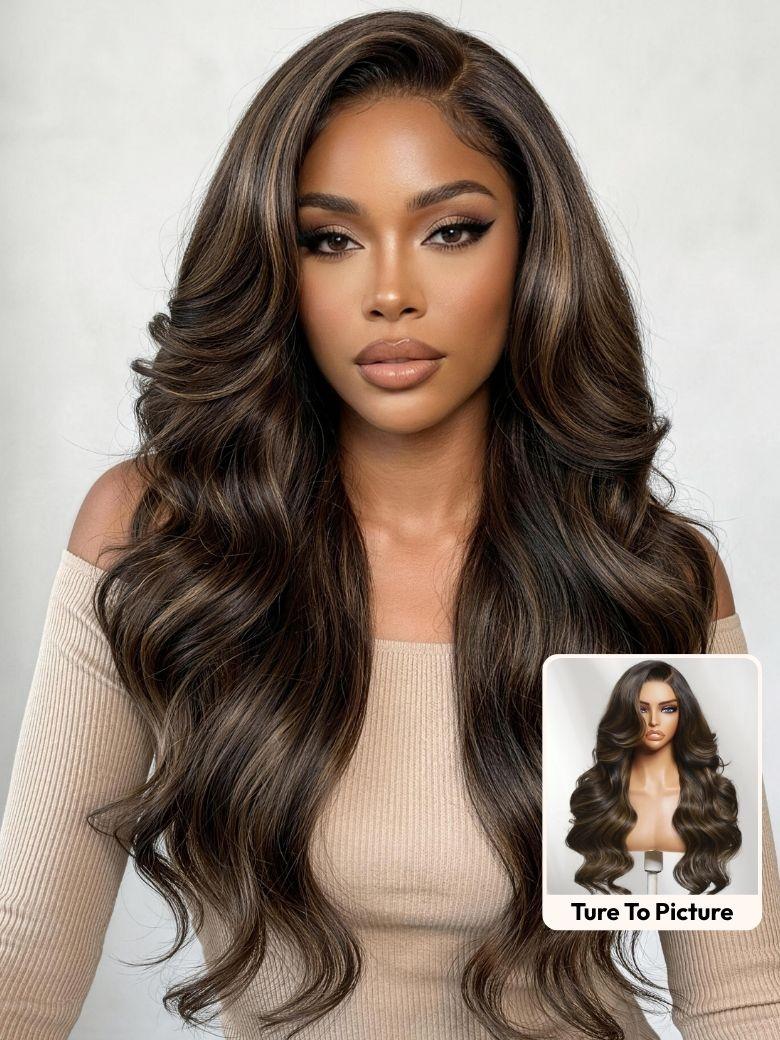 UNice 7x5 Bye-Bye Slip™ Lace Brown with Caramel Highlights Loose Wave with Face-Framing Layers and Side Swept Bangs