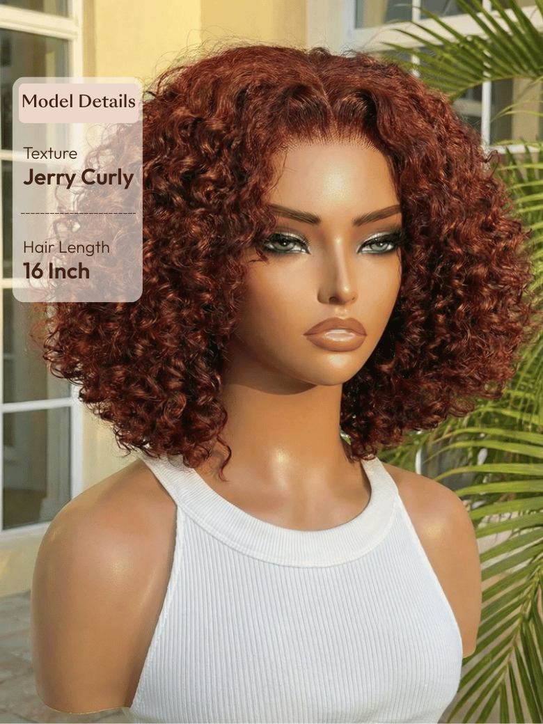UNice 7x5 Bye-Bye Knots™ Wig Glueless Lace Sunset Jerry Curly for Reddish Brown Drawstring Wig With Bleached Knots 150% Density