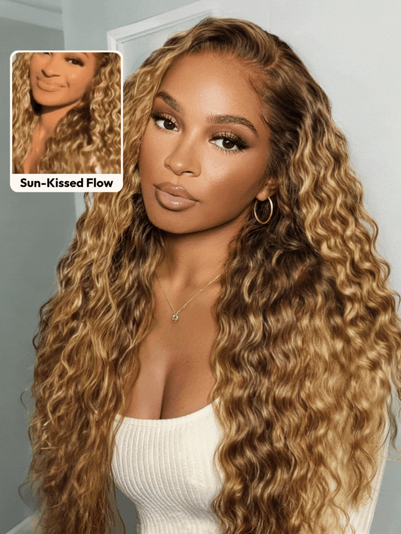 13x4 Bye Bye Slip™ Lace Frontal Bronde Color With Honey Blonde Highlights Water Wave Glueless Drawstring Wig