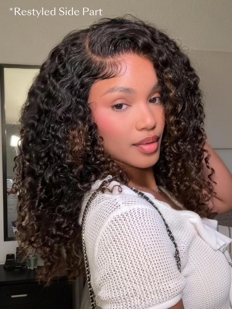 7x5 Bye Bye Slip™ Glueless Lace Black to Chestnut Brown Ombre Burmese Curly With Finger Coil Ends Wig-Put On & Go With Invisi Drawstring