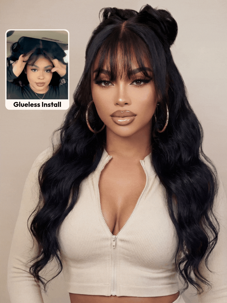 UNice 7x5 Bye-Bye Knots™ & 13x4 Pre-Everything™ Lace Frontal Pull And Go Black Fluffy Natural Loose Wave Curtain Bangs Wig with Free Ear Tape