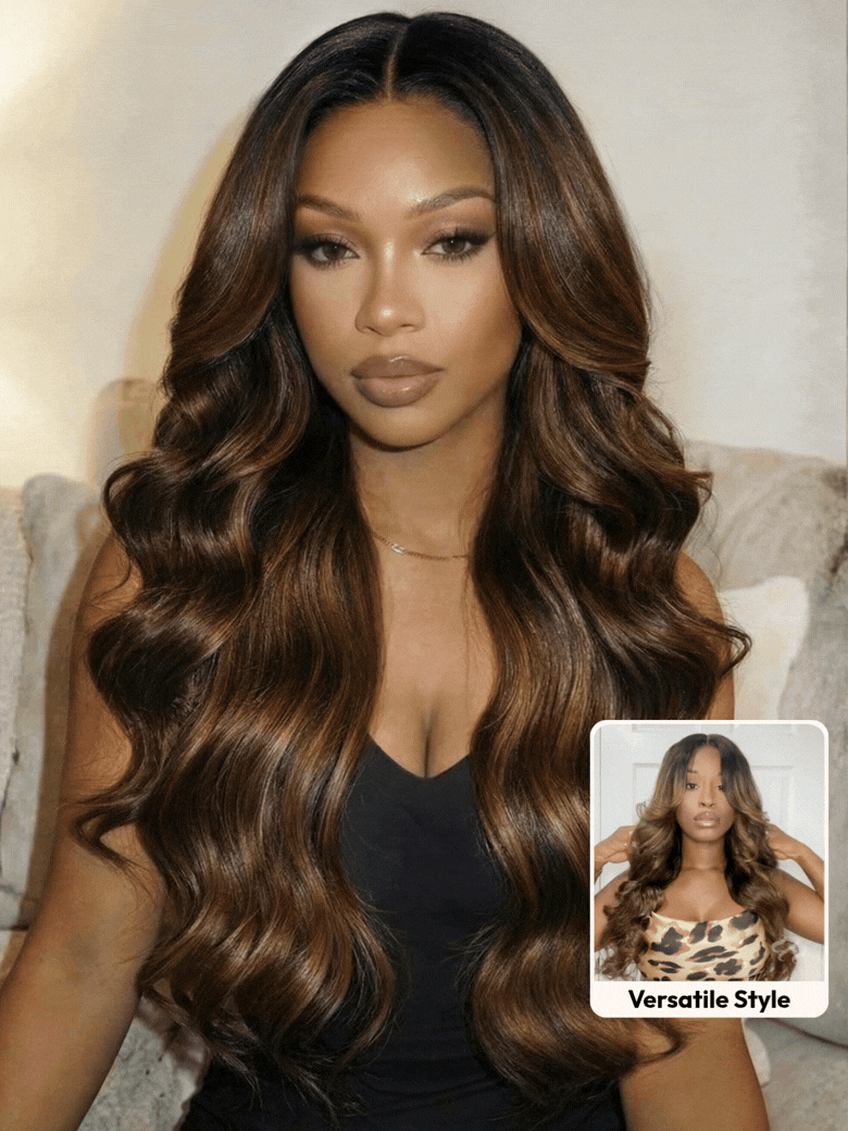UNice 7x5 Bye Bye Slip™ Wig Glueless Lace Balayage Highlight Body Wave Curtain Bangs Wig with Invisible Drawstring