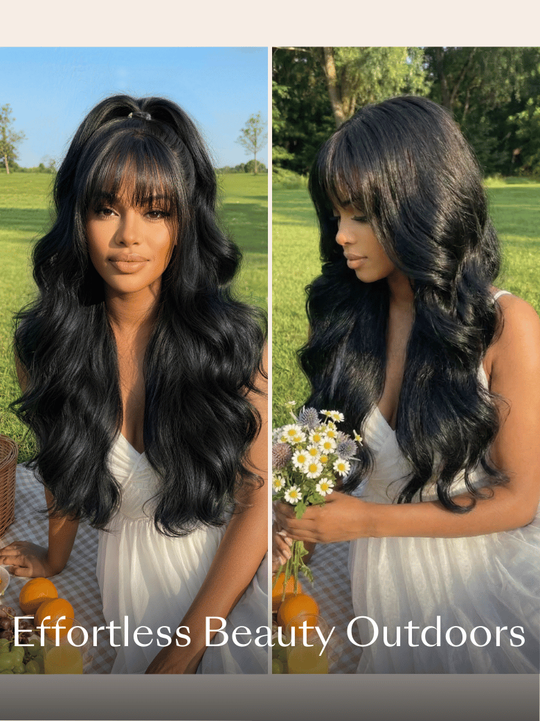 UNice 7x5 Bye-Bye Knots™ & 13x4 Pre-Everything™ Frontal Pull And Go Black Fluffy Natural Loose Wave Wispy Bangs Wig